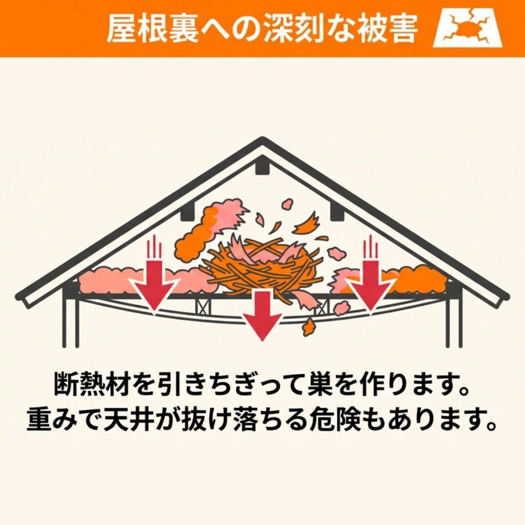 屋根裏の断熱材がボロボロに引きちぎられ、天井に被害が出ている深刻な状況のイメージ