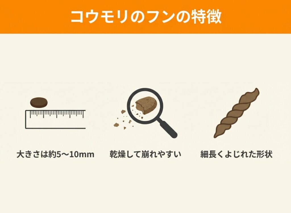 コウモリのフンの特徴を示すイラスト。大きさ約5〜10mm、乾燥して崩れやすい、細長くよじれた形状