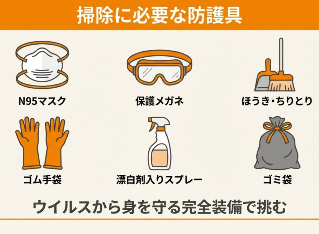 コウモリのフン掃除に必要な防護具一覧。N95マスク、保護メガネ、ほうき・ちりとり、ゴム手袋、漂白剤入りスプレー、ゴミ袋