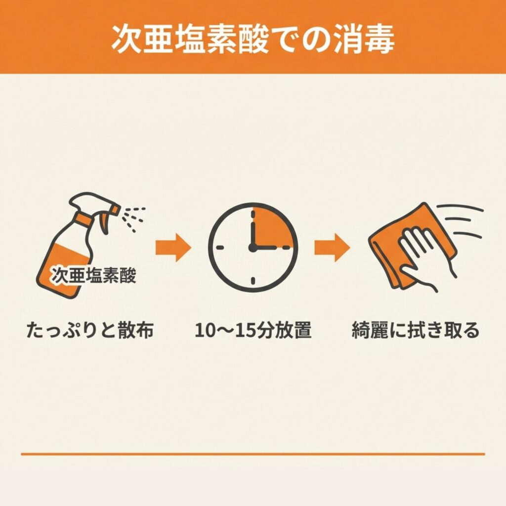 次亜塩素酸での消毒手順を示すイラスト。たっぷりと散布→10〜15分放置→綺麗に拭き取る