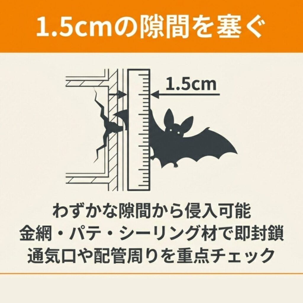 コウモリが1.5cmの隙間から侵入可能なことを示すイラスト。金網・パテ・シーリング材で封鎖が必要