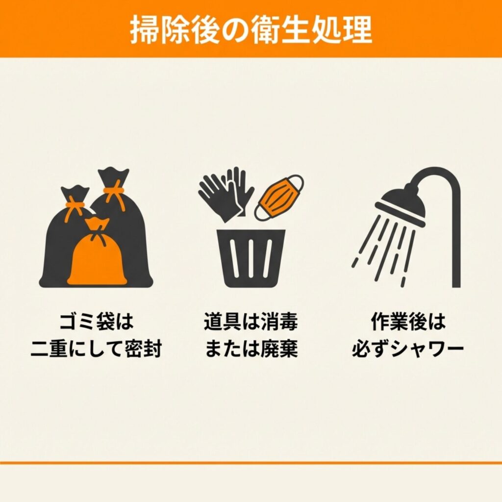 コウモリのフン掃除後の衛生処理手順。ゴミ袋は二重にして密封、道具は消毒または廃棄、作業後は必ずシャワー