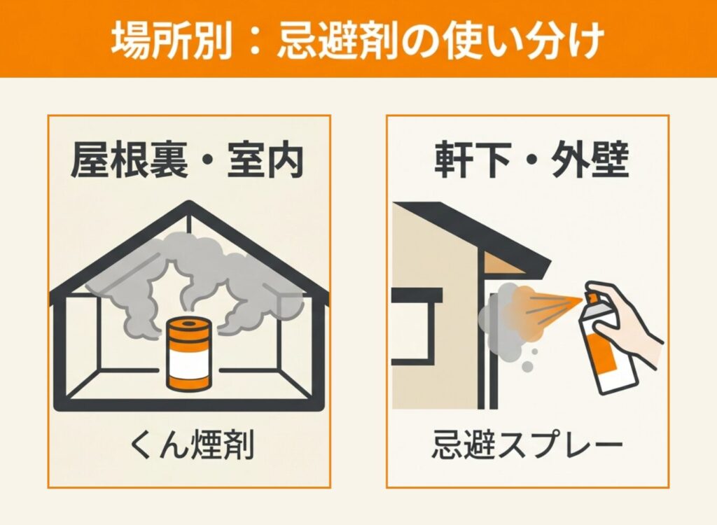 場所別の忌避剤の使い分けを示すイラスト。屋根裏・室内にはくん煙剤、軒下・外壁には忌避スプレー