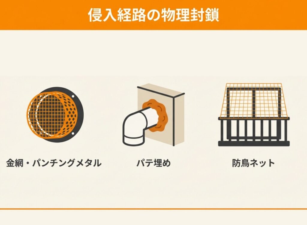 コウモリの侵入経路を物理的に封鎖する方法。金網・パンチングメタル、パテ埋め、防鳥ネット