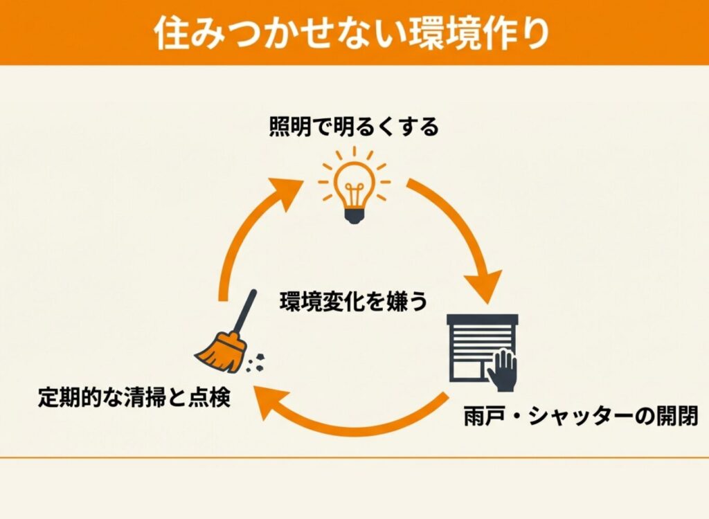 コウモリを住みつかせない環境作りのサイクル図。照明で明るくする→雨戸・シャッターの開閉→定期的な清掃と点検