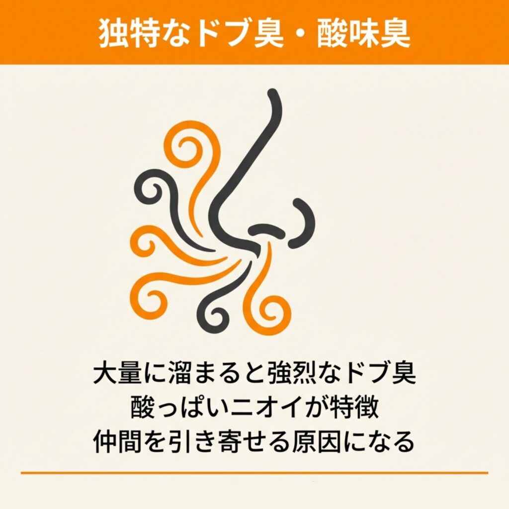 コウモリのフンの臭いを表現したイラスト。大量に溜まると強烈なドブ臭・酸っぱいニオイが特徴