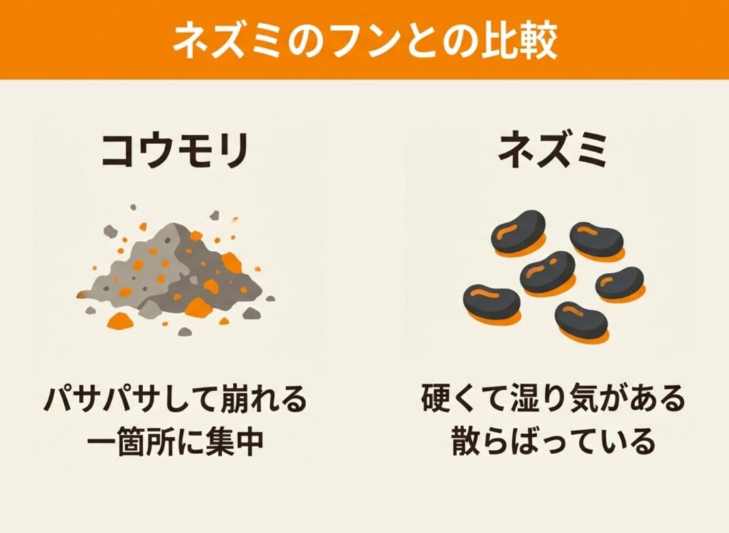 コウモリとネズミのフンの比較図。コウモリはパサパサして崩れ一箇所に集中、ネズミは硬くて湿り気があり散らばる