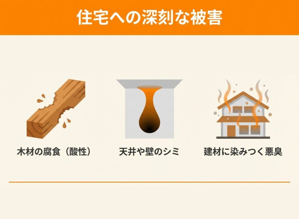 コウモリのフンによる住宅への深刻な被害を示すイラスト。木材の腐食（酸性）、天井や壁のシミ、建材に染みつく悪臭