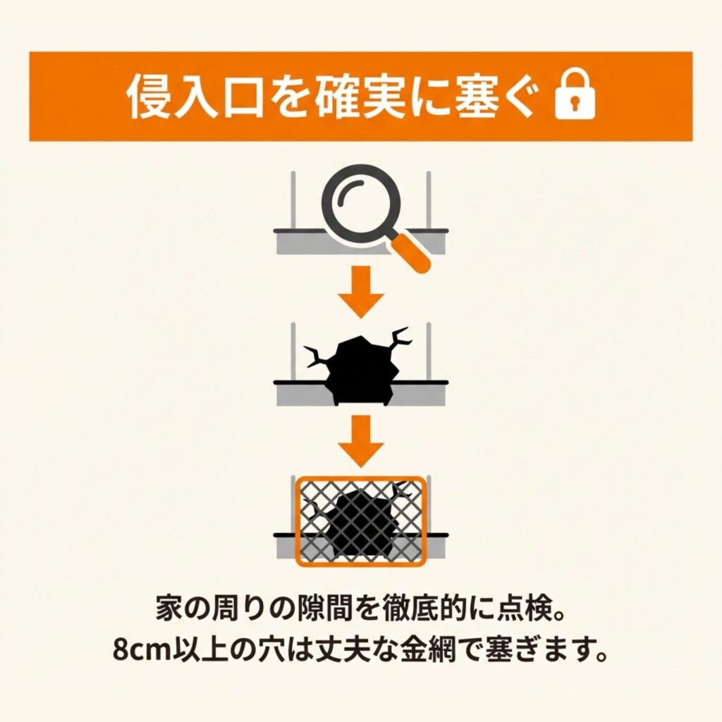 家の周りにある8cm以上の隙間や穴を、金網を使って頑丈に塞いでいる侵入防止対策の様子