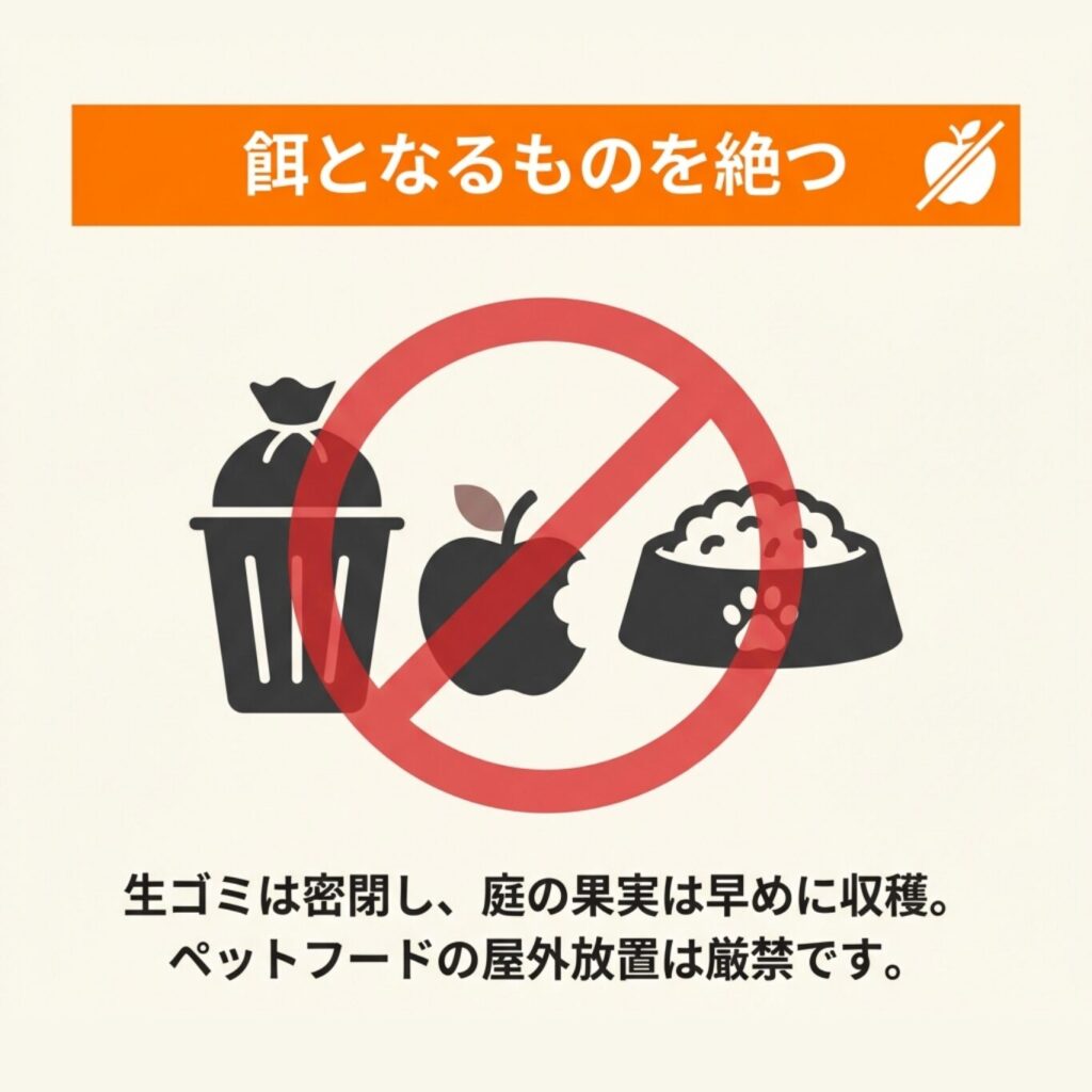 蓋付きのゴミ箱、収穫された果実、片付けられたペットフードなど、餌場をなくす環境整備のイメージ