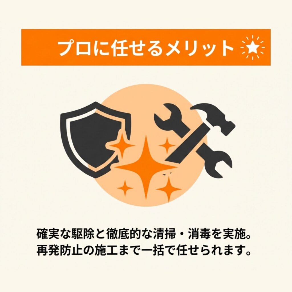 専門業者による徹底的な駆除、清掃、消毒、および再発防止のための施工イメージ