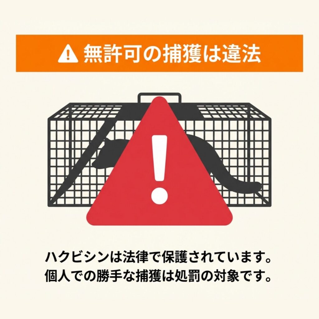「無許可の捕獲は違法」という警告文とともに、法律で保護されていることを示す図解