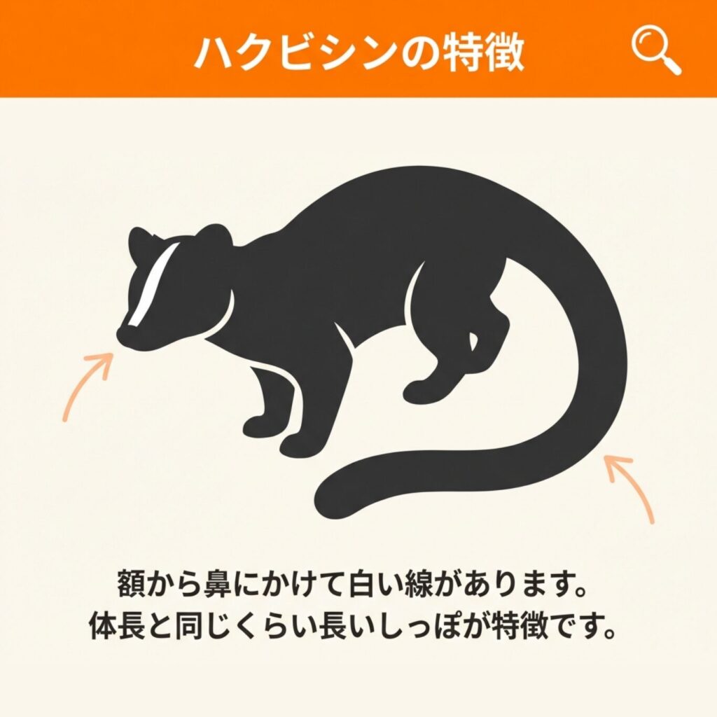 額から鼻にかけての白い線と、体長と同じくらい長い尻尾が特徴的なハクビシンの外見イラスト