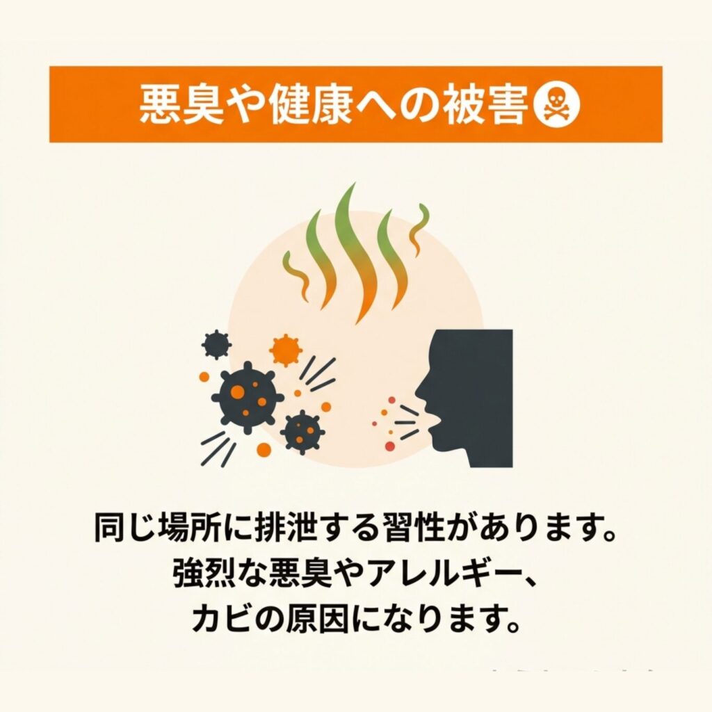 特定の場所に排泄を繰り返す「溜めフン」による、悪臭やカビの発生リスクを示す図解