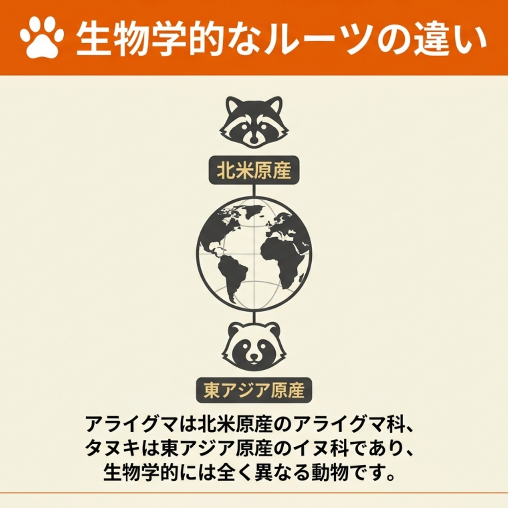 アライグマは北米原産のアライグマ科、タヌキは東アジア原産のイヌ科であることを地球儀で示した図