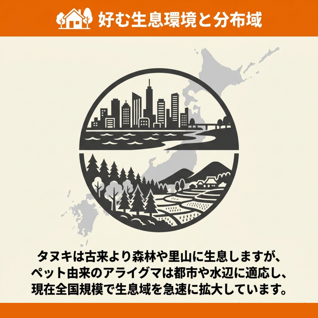 日本地図を背景に、タヌキが好む森林・里山とアライグマが適応した都市・水辺の環境を対比した図