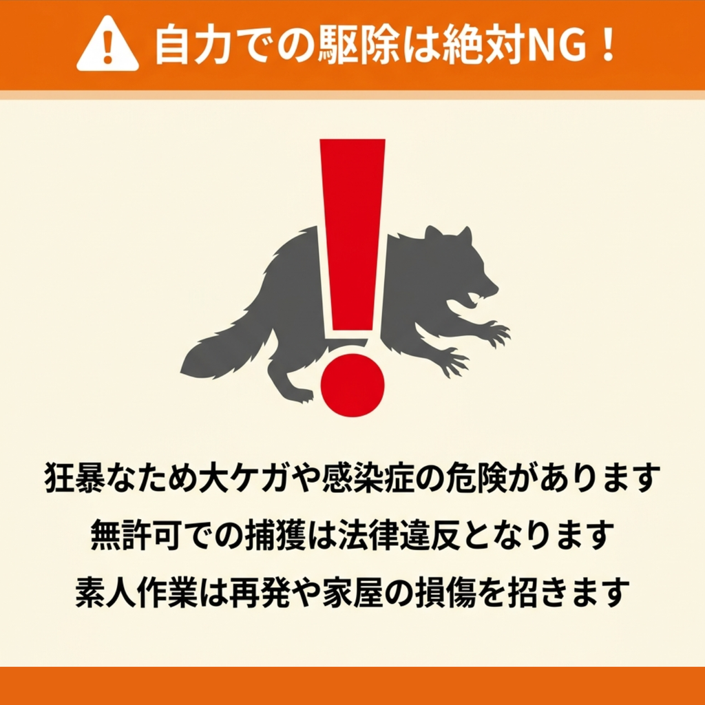 自力での駆除が大ケガ・感染症・法律違反を招くことを、アライグマとタヌキのシルエットと感嘆符で警告する図