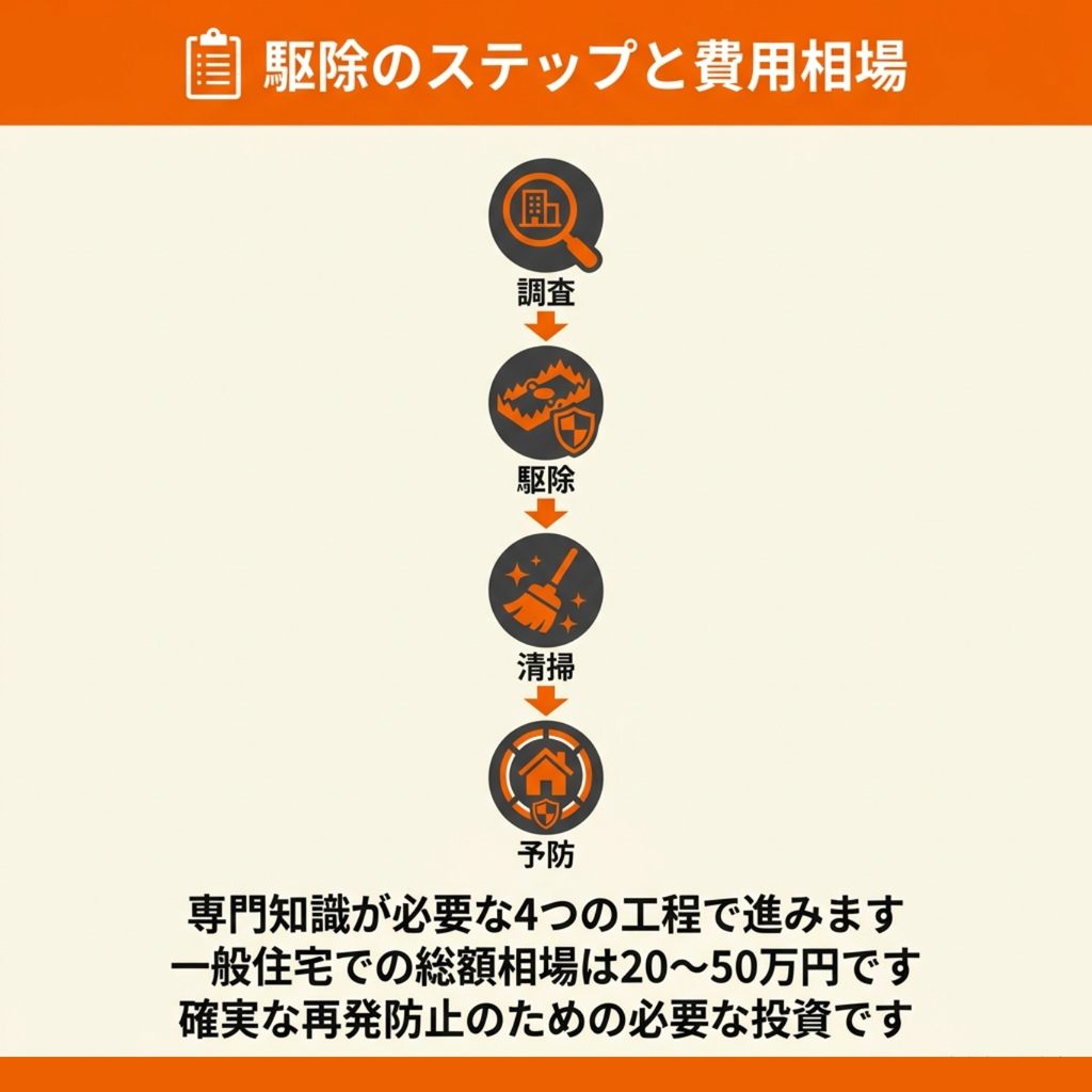 調査・駆除・清掃・予防の4工程と、一般住宅での総額相場20〜50万円を示した図