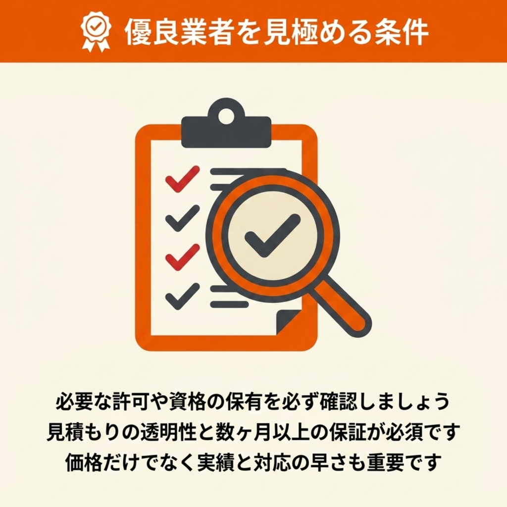 許可や資格の保有、見積もりの透明性、保証期間など優良な害獣駆除業者を見極める条件を示した図