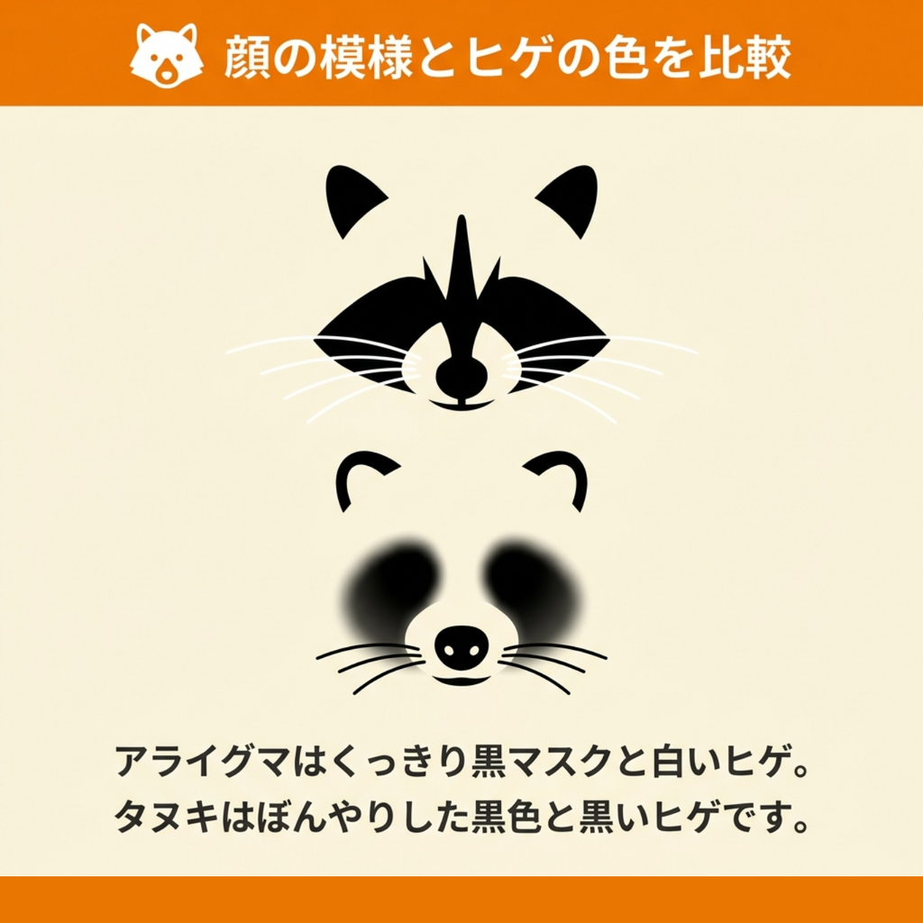 くっきりした黒いマスク模様と白いヒゲを持つアライグマと、ぼんやりした黒色と黒いヒゲのタヌキの顔を比較したイラスト