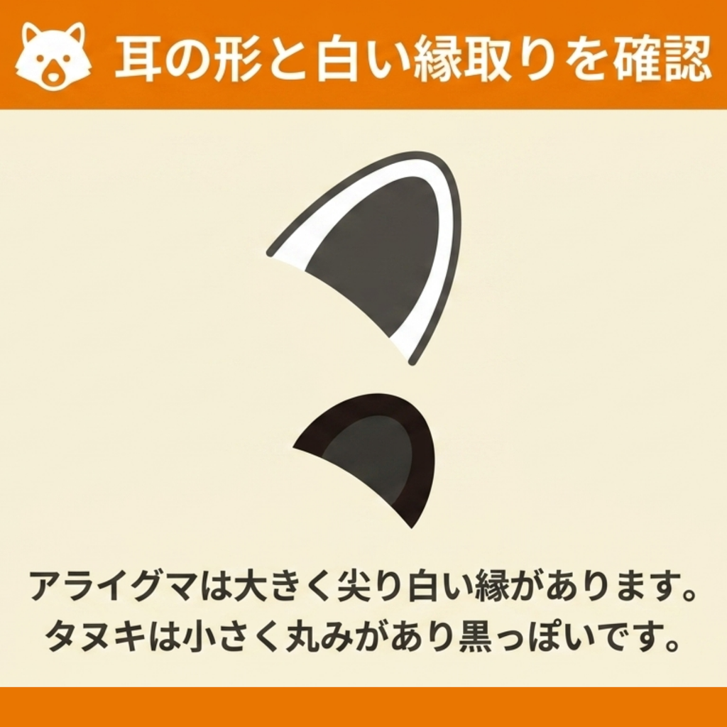 白い縁取りのある大きく尖ったアライグマの耳と、小さく丸みを帯びた黒っぽいタヌキの耳を比較したイラスト