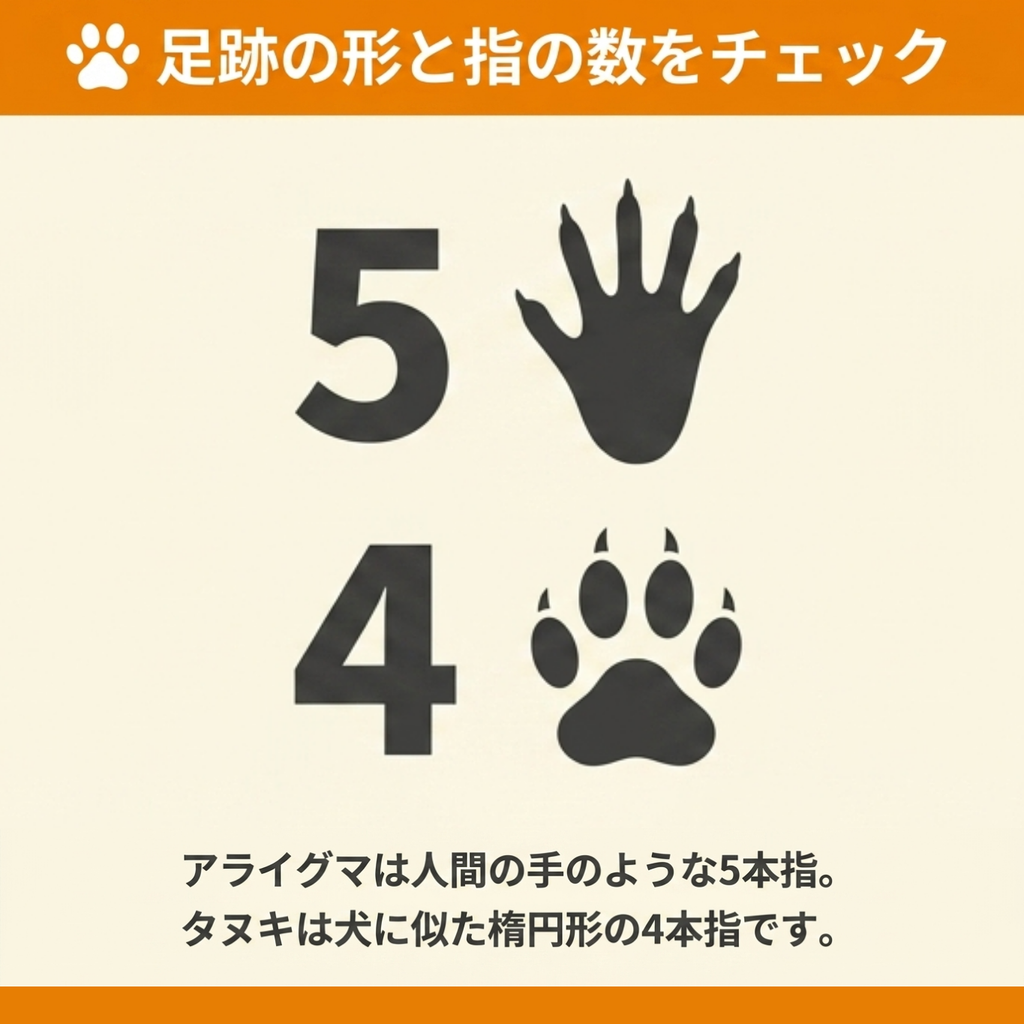 人の手のような5本指のアライグマの足跡と、犬に似た楕円形の4本指のタヌキの足跡を比較した図