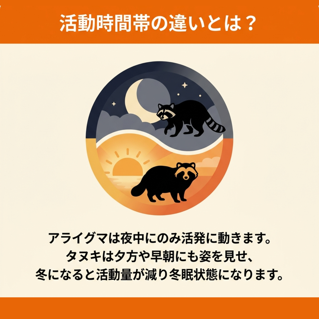 夜間のみ活発に動くアライグマと、夕方や早朝にも姿を見せるタヌキの活動時間帯を昼夜の対比で示した図