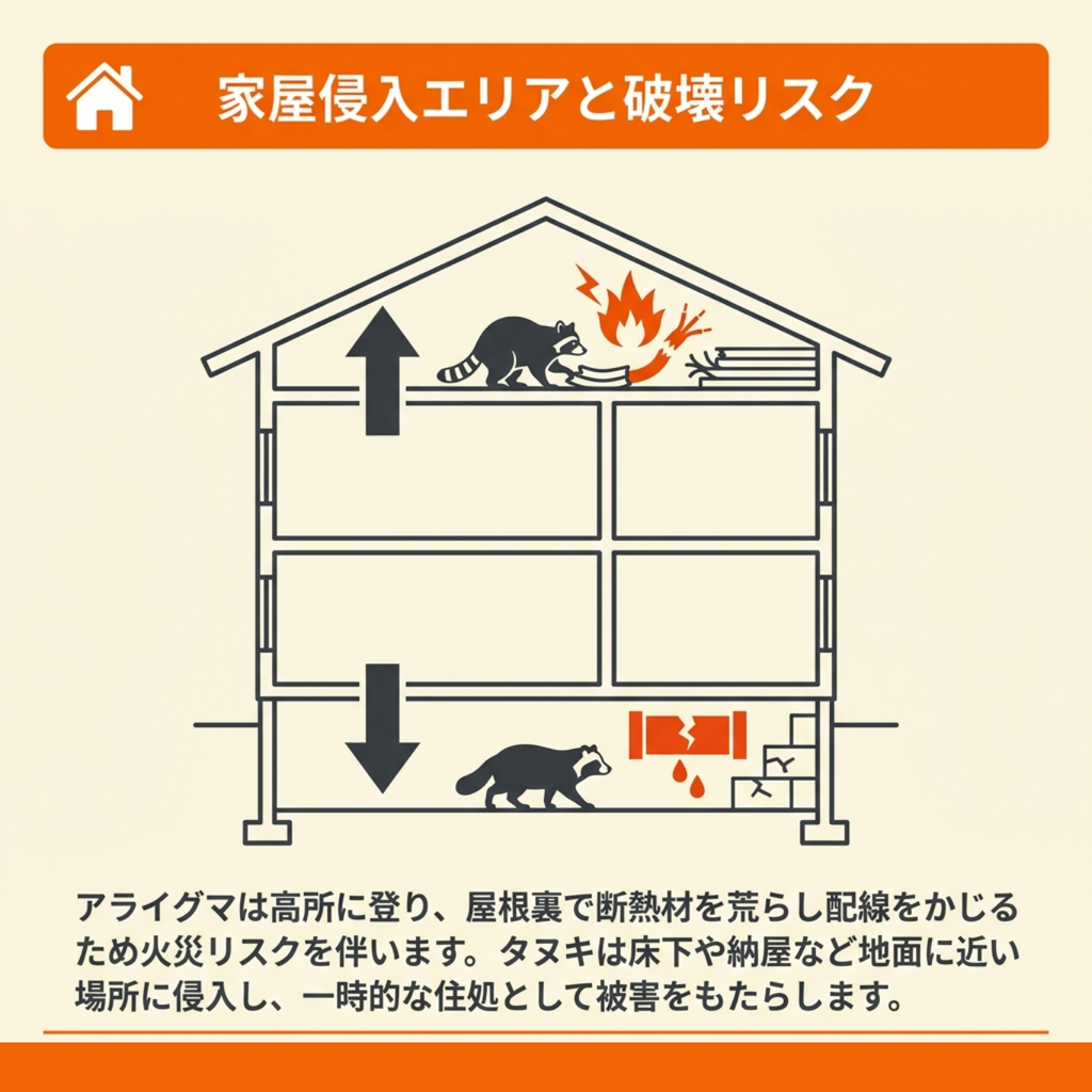 屋根裏で断熱材を荒らし配線をかじるアライグマと、床下や納屋に侵入するタヌキの被害箇所を家屋の断面図で示した図