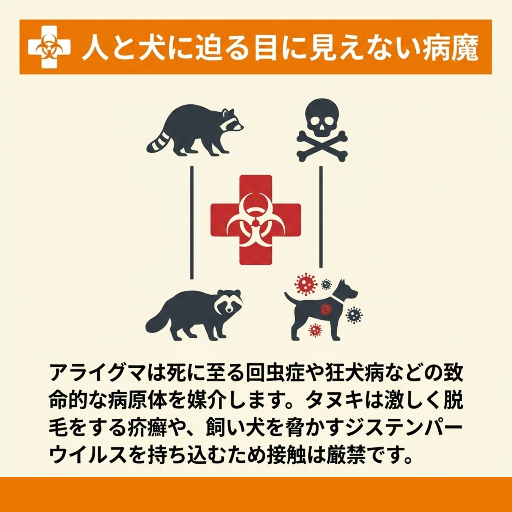 アライグマが媒介する回虫症や狂犬病と、タヌキが持ち込む疥癬やジステンパーウイルスの感染経路を示した図