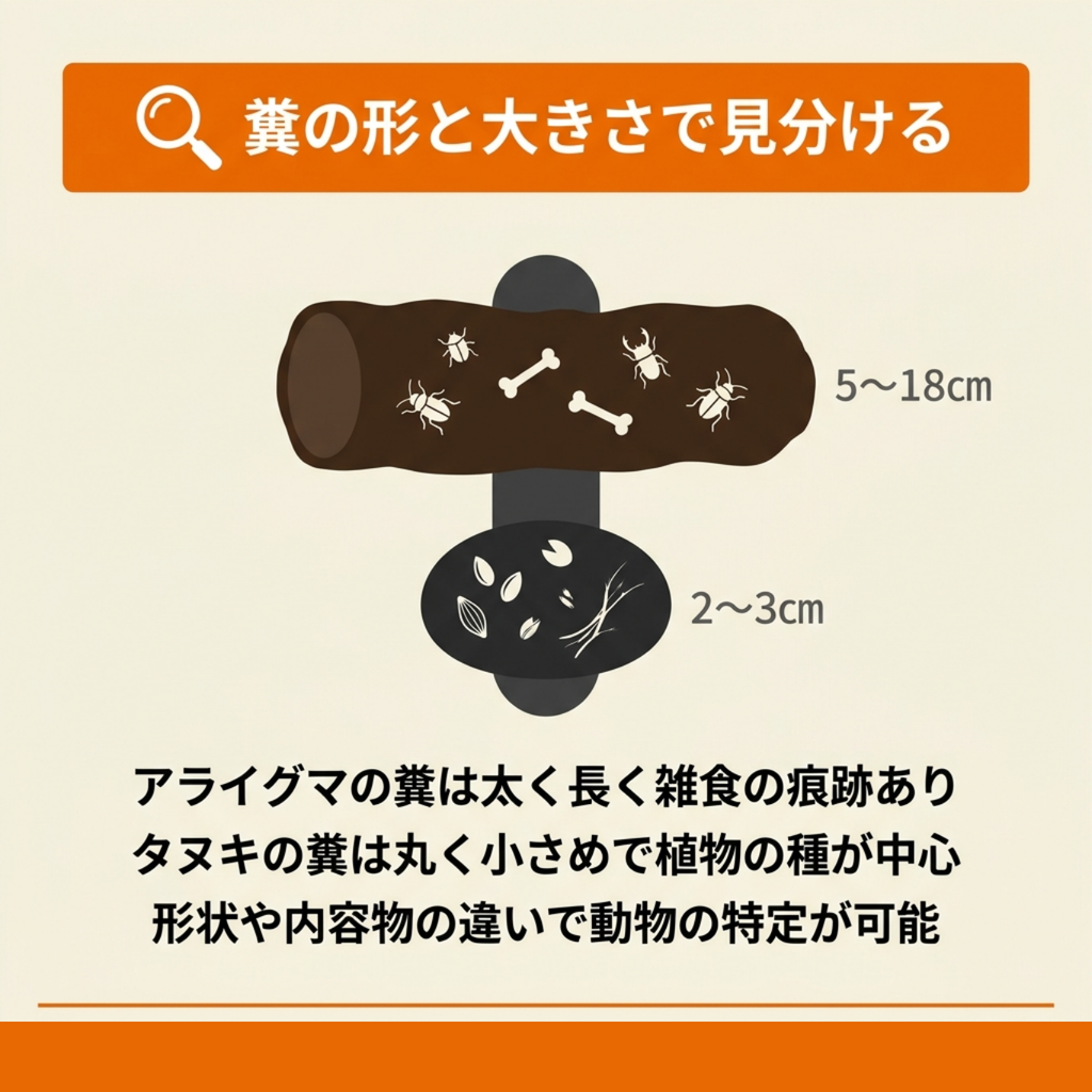 骨や昆虫が混じる5〜18センチのアライグマの糞と、植物の種が中心の2〜3センチのタヌキの糞を比較した図