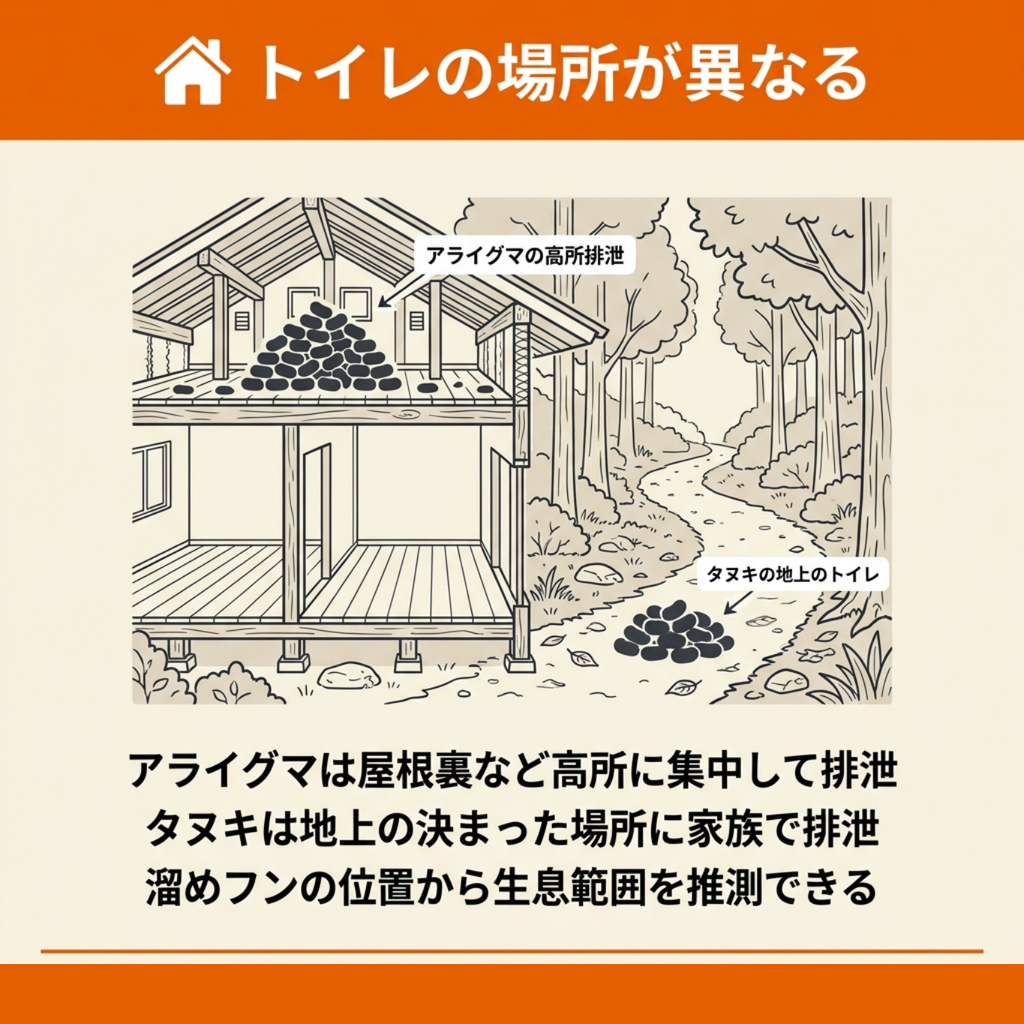屋根裏など高所に集中して排泄するアライグマと、地上の決まった場所に家族で排泄するタヌキの溜めフンの違いを示した図