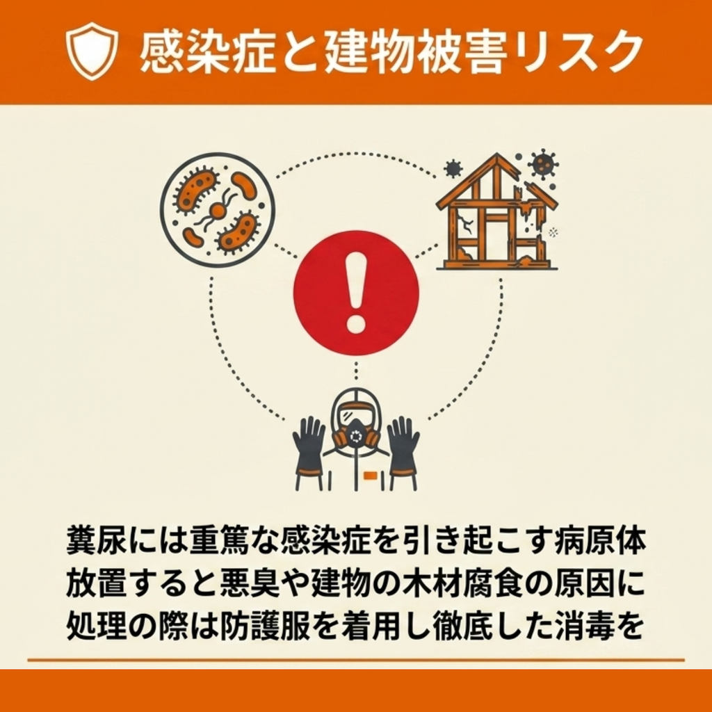 糞尿による感染症リスクと建物の木材腐食、防護服を着用した清掃の必要性を示した図