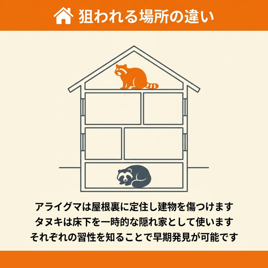 屋根裏に定住するアライグマと、床下を一時的な隠れ家として使うタヌキの居場所を家屋の断面図で示した図