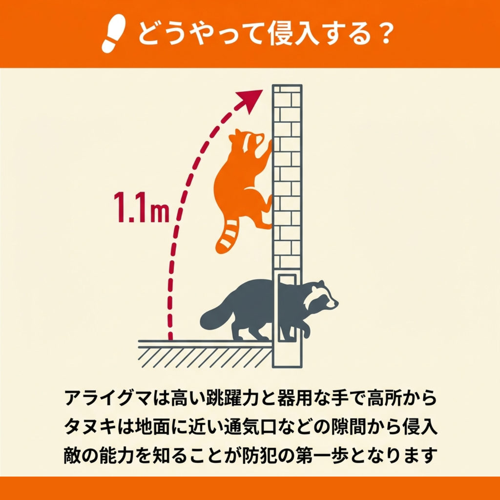 1.1メートルの跳躍力で壁を登るアライグマと、地面に近い通気口の隙間から侵入するタヌキを比較した図