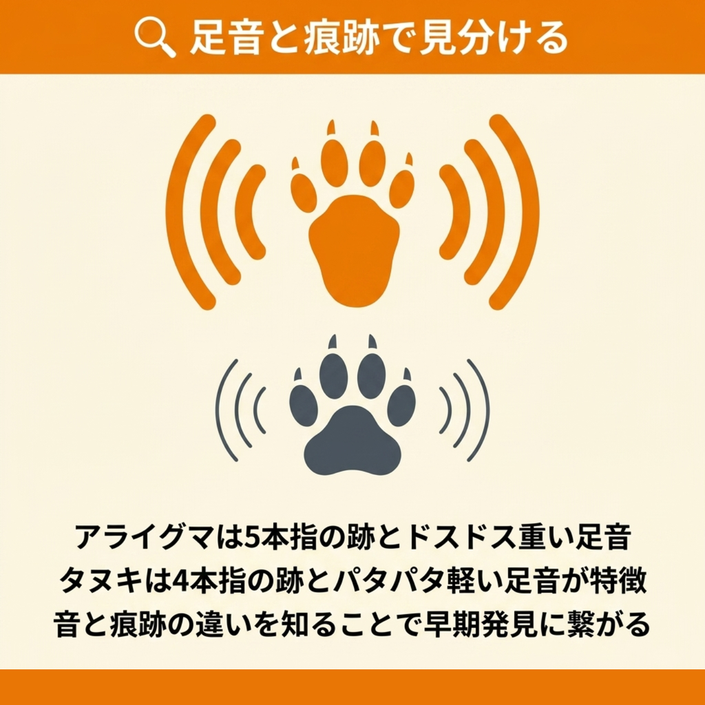 5本指の跡とドスドスという重い足音のアライグマ、4本指の跡とパタパタという軽い足音のタヌキを比較した図