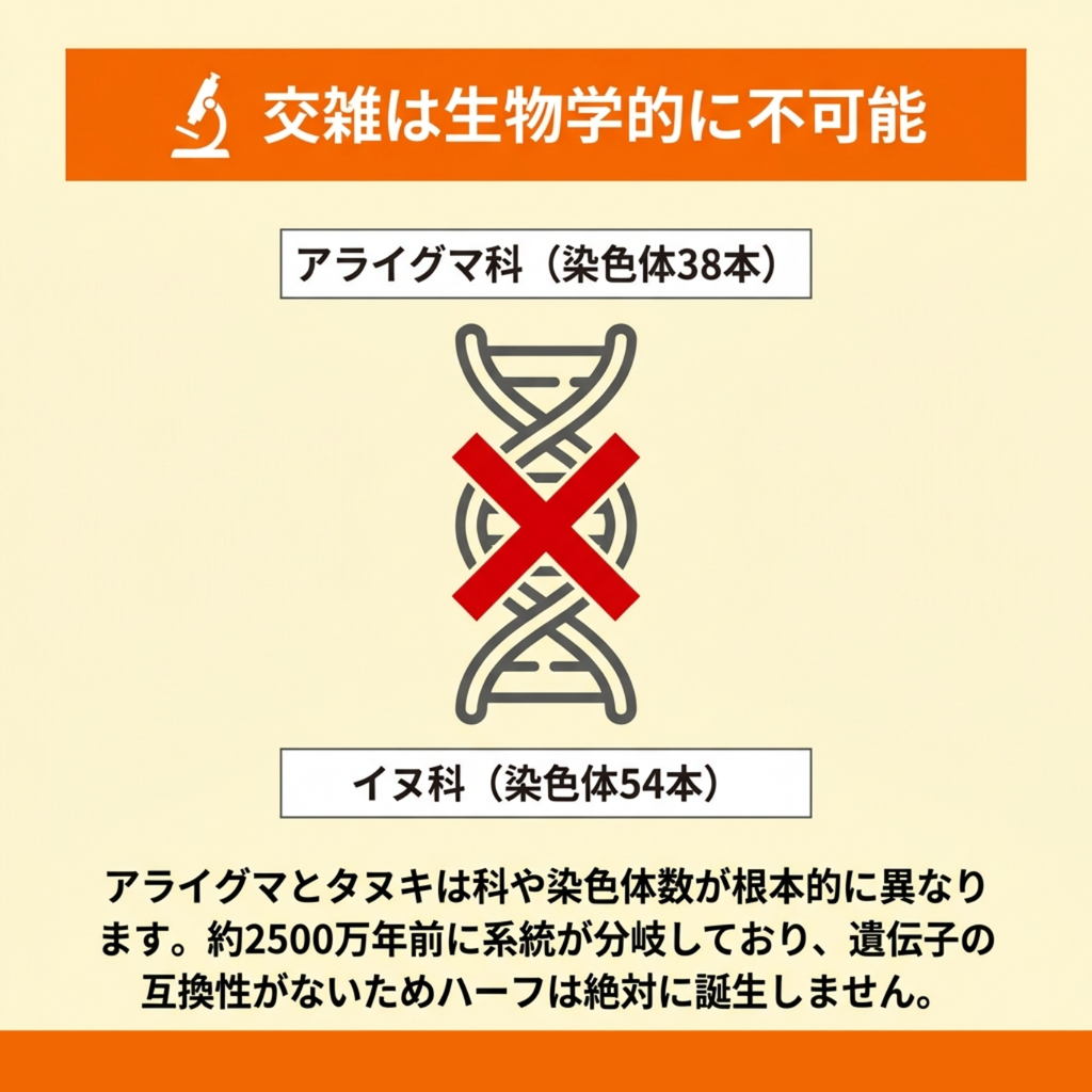 染色体38本のアライグマ科と54本のイヌ科では遺伝子の互換性がなく、交雑が不可能であることを示した図
