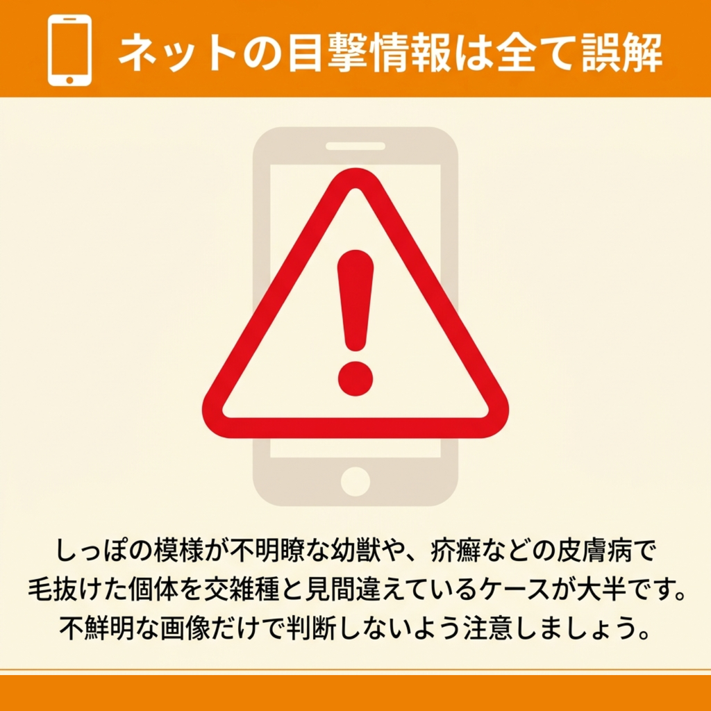 しっぽの模様が不明瞭な幼獣や皮膚病で毛が抜けた個体を交雑種と見間違える、ネット上の誤情報に注意を促す図