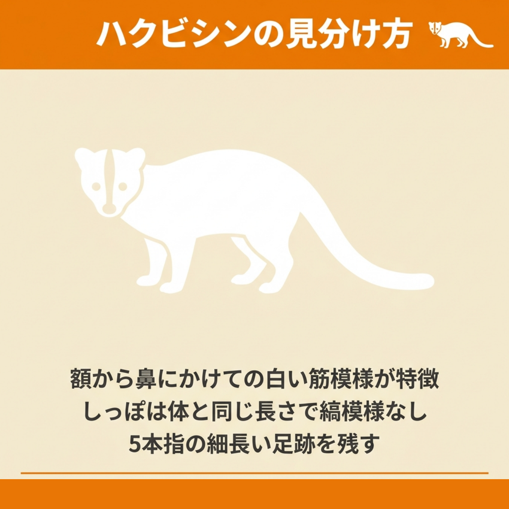 額から鼻にかけての白い筋模様と、体と同じ長さで縞模様のないしっぽが特徴のハクビシンのシルエット