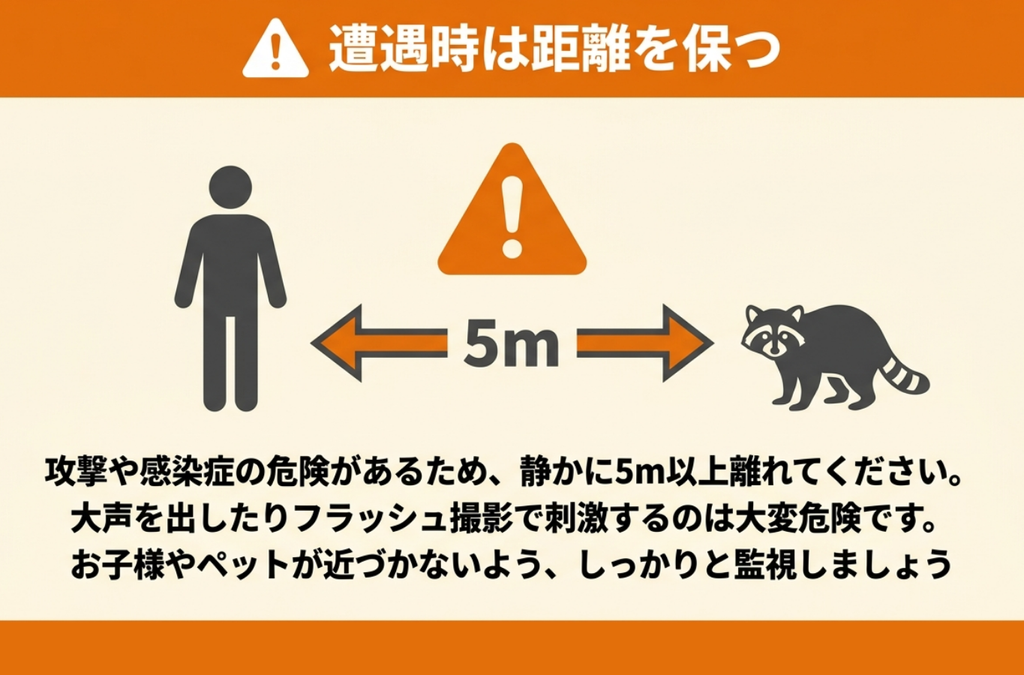 攻撃や感染症の危険を避けるため、人とアライグマの間に5メートル以上の距離を保つよう促す図