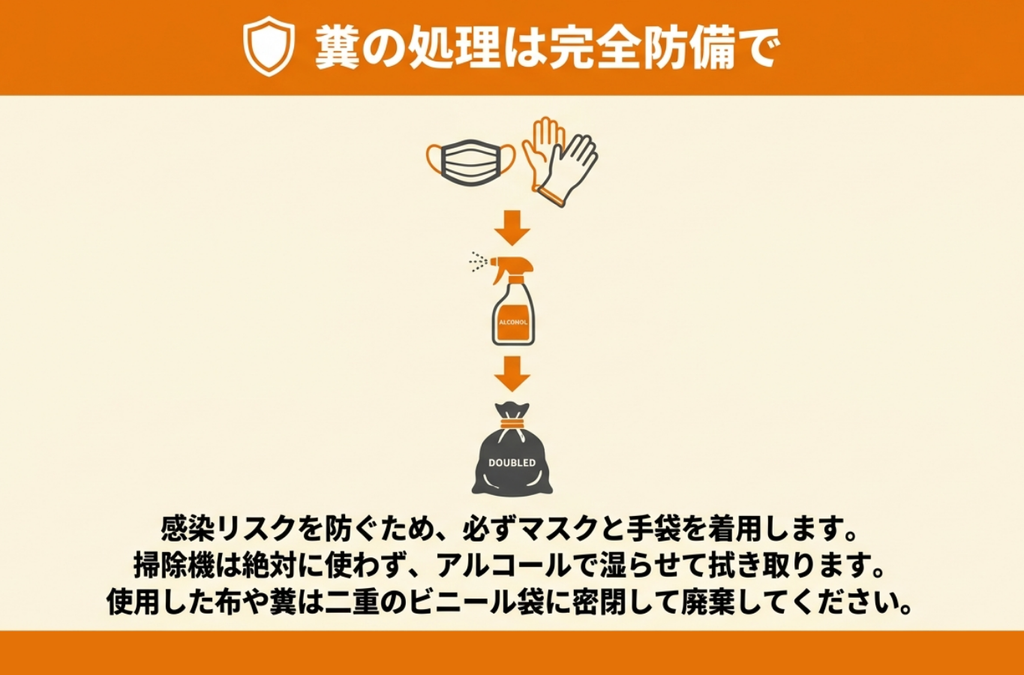 マスクと手袋を着用しアルコールで湿らせて拭き取り、二重のビニール袋に密閉して廃棄する糞の処理手順を示した図