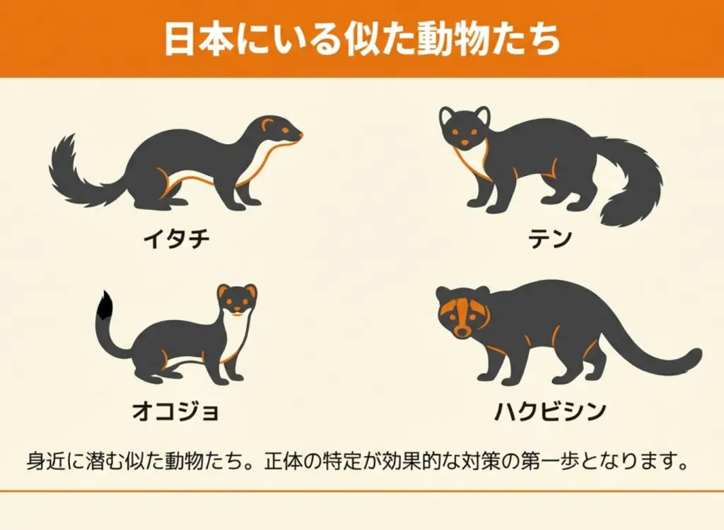 日本に生息する似た動物（イタチ、テン、オコジョ、ハクビシン）を紹介し、正体の特定が対策の第一歩であることを伝える導入図解