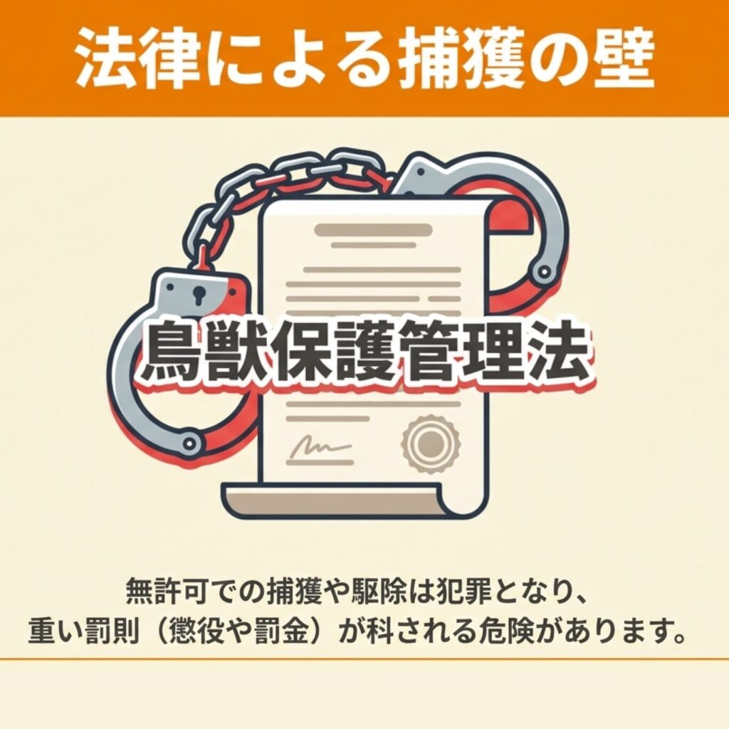 鳥獣保護管理法により、無許可での捕獲や駆除が重い罰則（懲役や罰金）を伴う犯罪になることを伝える法的注意喚起