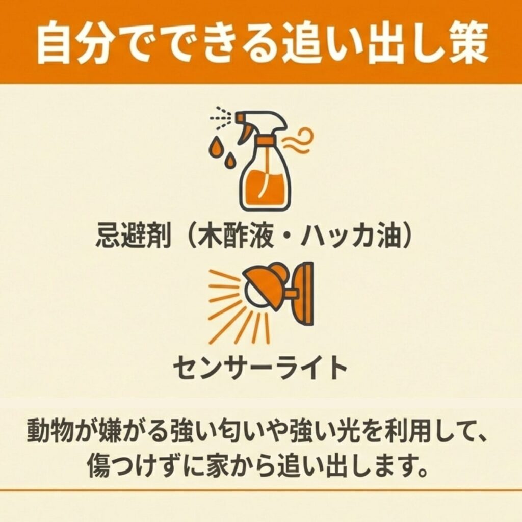 自分でできる対策として、木酢液やハッカ油などの忌避剤、およびセンサーライトを用いて動物を傷つけずに追い出す方法の紹介