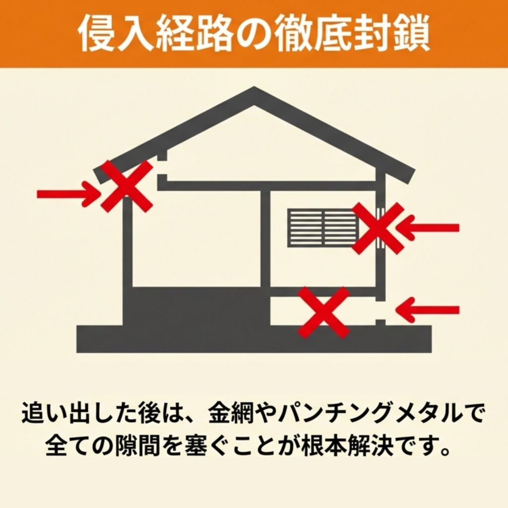動物を追い出した後、金網やパンチングメタルで全ての隙間を徹底的に塞ぐことが根本解決につながることを示す施工イメージ