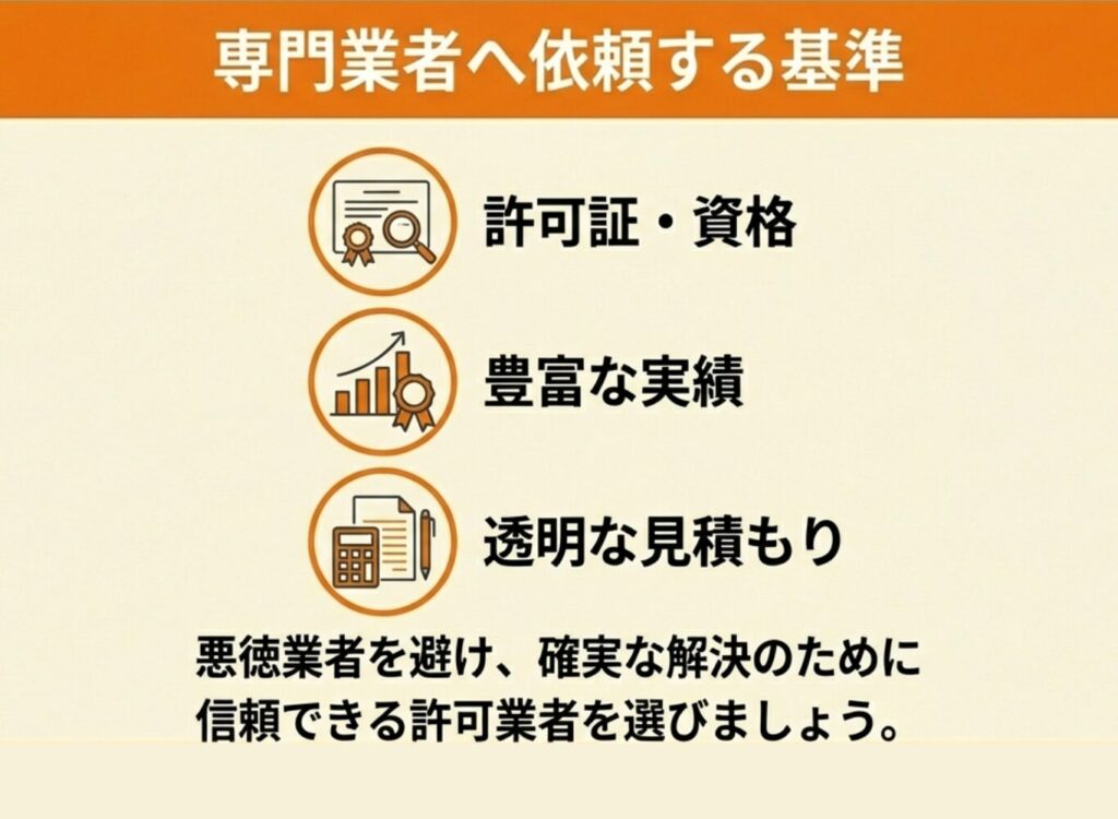 専門業者を選ぶ基準として、許可証・資格の有無、豊富な実績、透明な見積もりの3点が重要であることを説くガイド