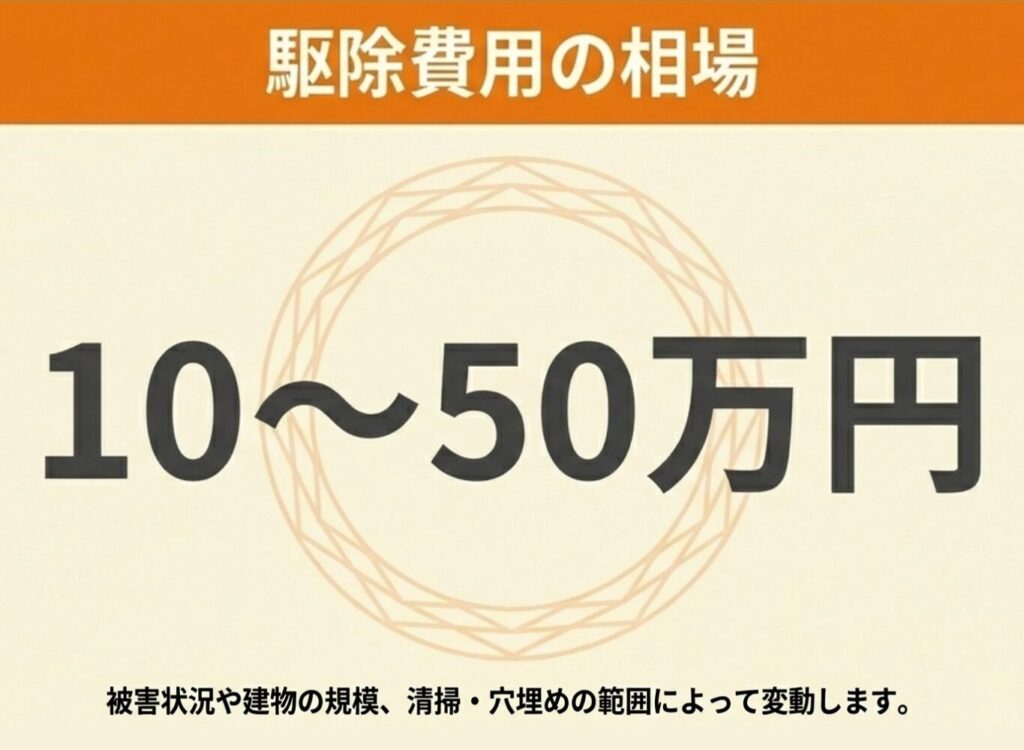 駆除費用の相場（10〜50万円）が、被害状況や建物の規模、清掃・穴埋めの範囲によって変動することを示す費用目安の図解