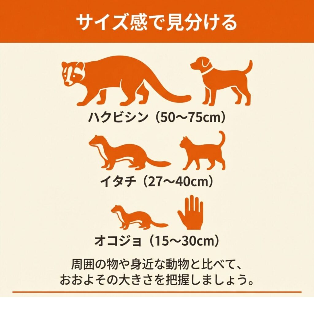 ハクビシン（50〜75cm）、イタチ（27〜40cm）、オコジョ（15〜30cm）のサイズ感を比較し、周囲の物と比べて大きさを把握することを促す解説