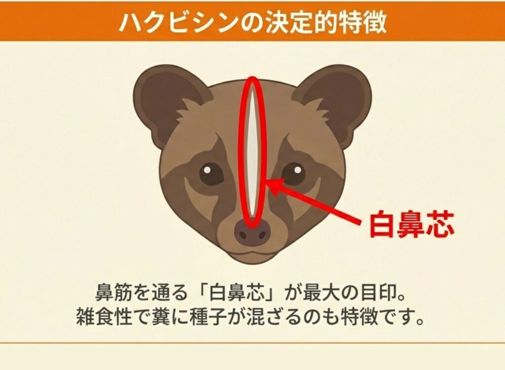 ハクビシンの最大の特徴である鼻筋を通る「白鼻芯（はくびしん）」と、糞に種子が混ざる雑食性の習性を紹介する解説
