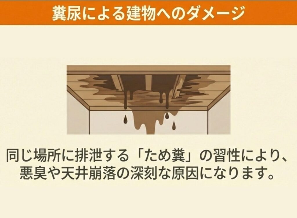 同じ場所に排泄する「ため糞」の習性が、建物への悪臭や天井崩落などの深刻なダメージにつながることを示す警告図