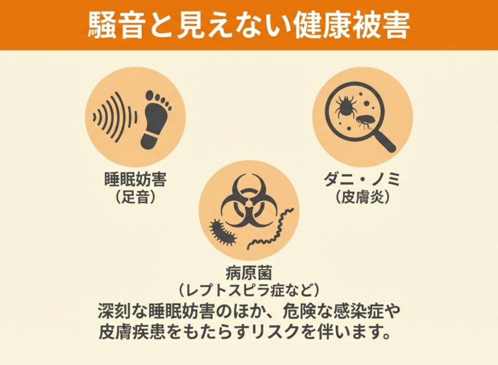 騒音（足音）による睡眠妨害、ダニ・ノミによる皮膚炎、レプトスピラ症などの病原菌による健康被害のリスクをまとめた図解